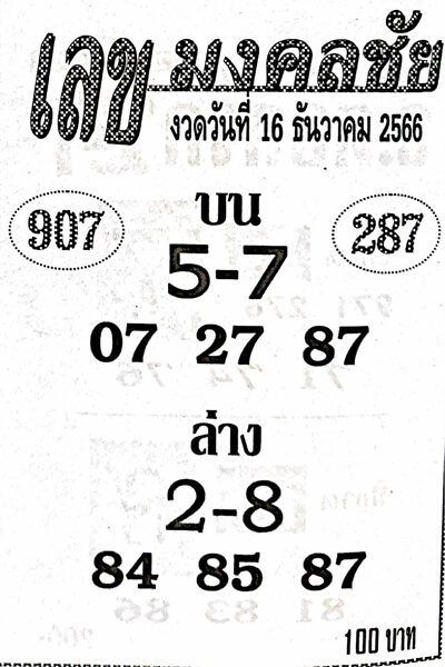 หวยไทย เลขมงคลชัย 16/12/66